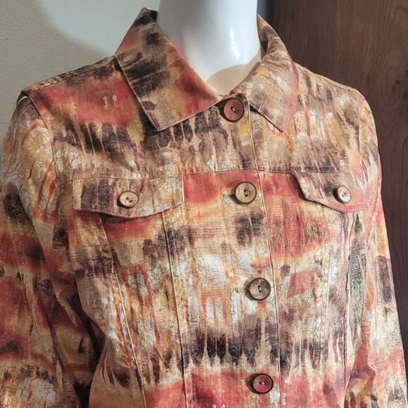 Chico’s Orange Gold Metallic Abstract Blazer Jacket Large Artsy Graphic Shimmer - Picture 5 of 9